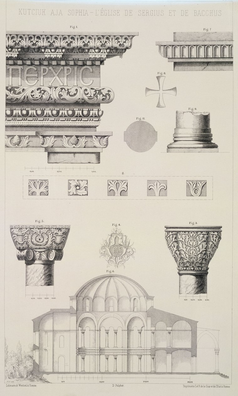 Sezione trasversale e dettagli architettonici di Kutciuk Aja Sophia, la chiesa di Sergio e Bacco, da 