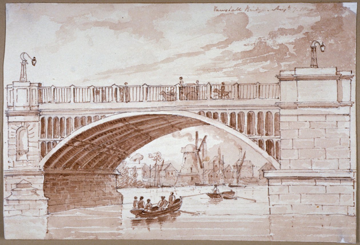 Veduta di una piccola barca che passa sotto il ponte di Vauxhall, Londra da DHC