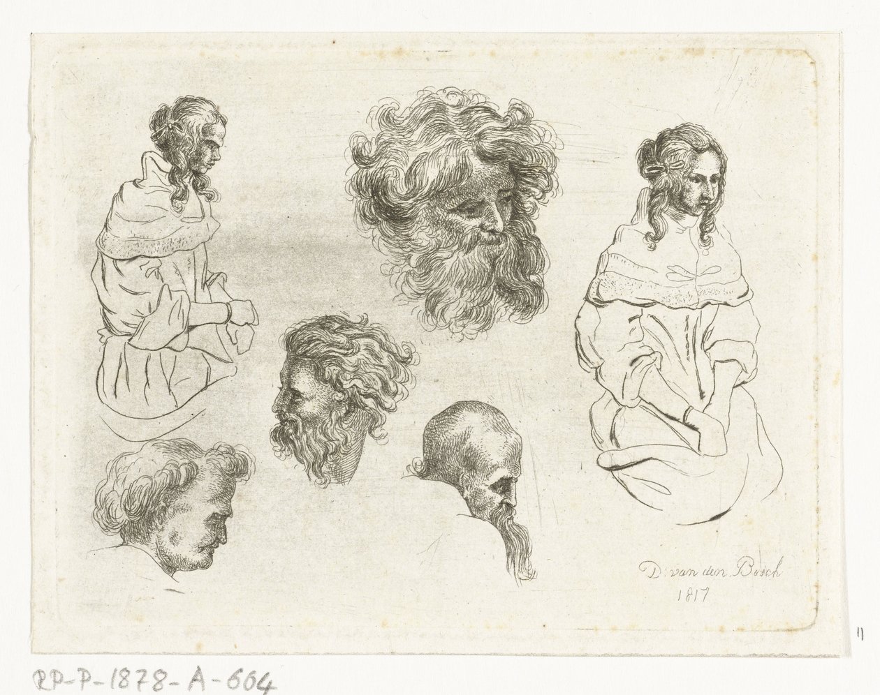 Foglio di studio con teste e corpi di donne da D. van den Bosch