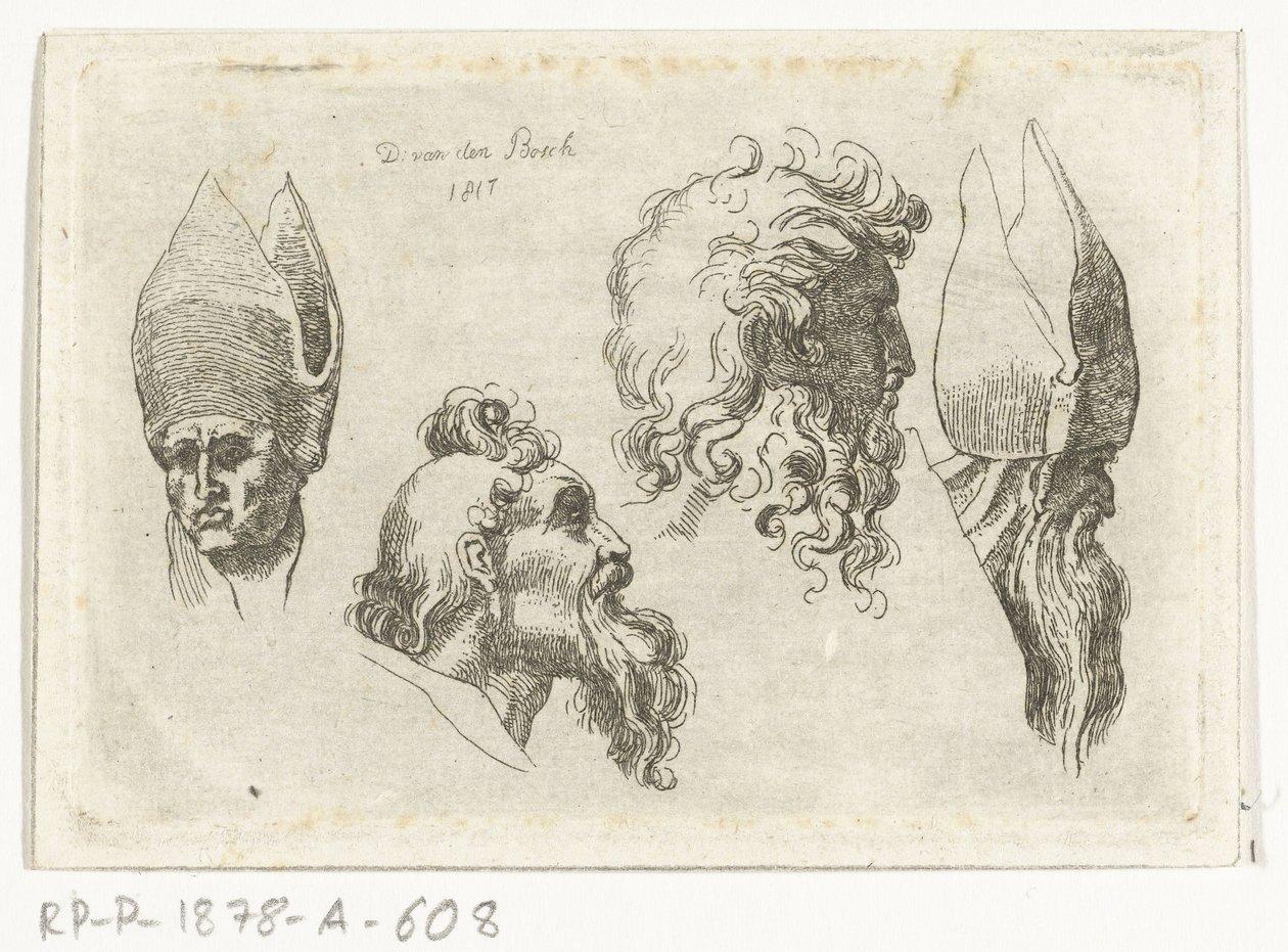 Foglio di studio con quattro teste, di cui due con mitra da D. van den Bosch