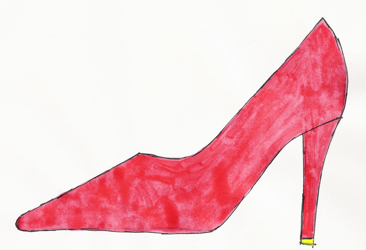 Red Shoe, 2017 (inchiostro india rosso e giallo con pennarello su carta) da Daisy de Villeneuve
