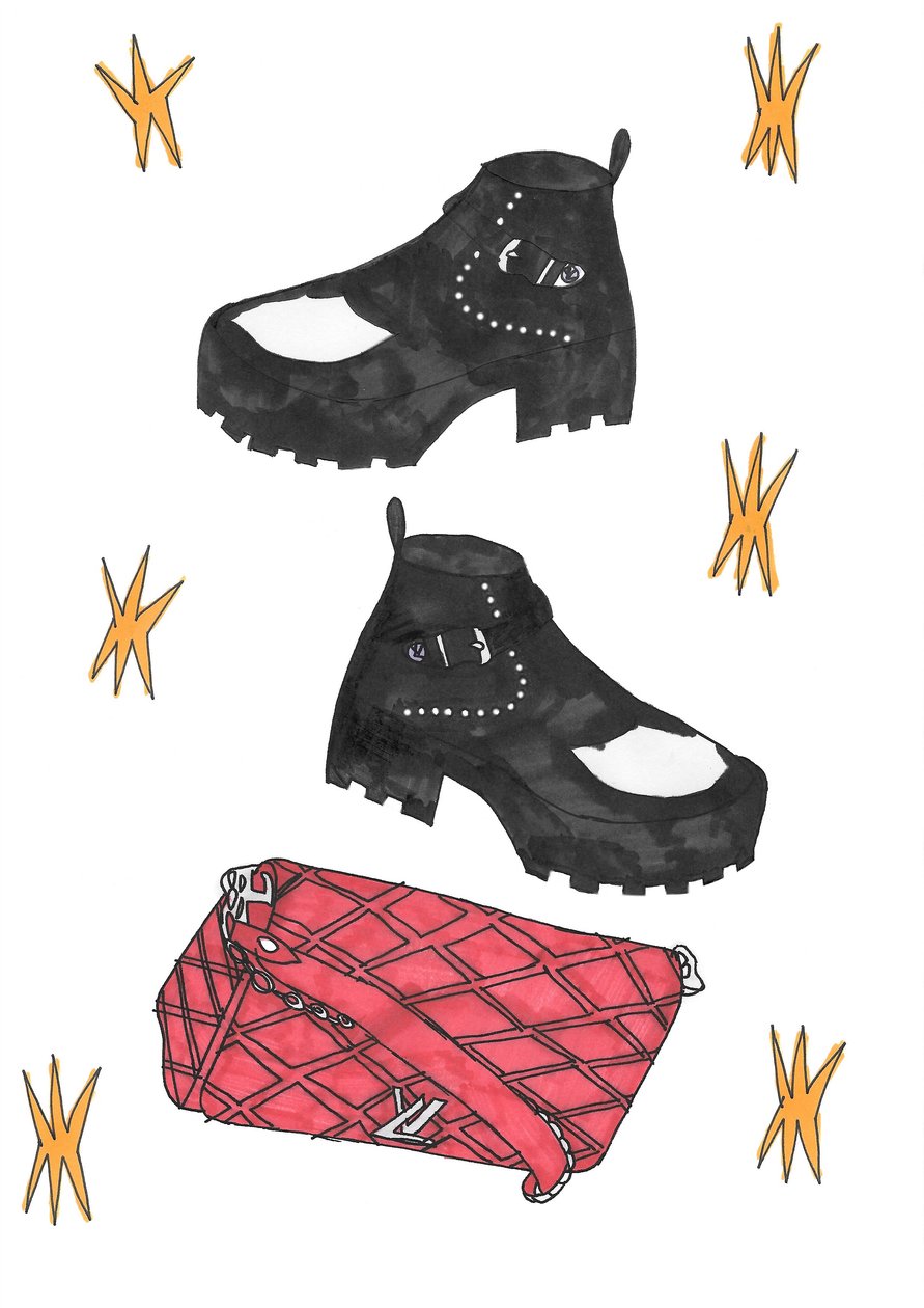 Redbag  boots, 2016 (pennarello su carta) da Daisy de Villeneuve