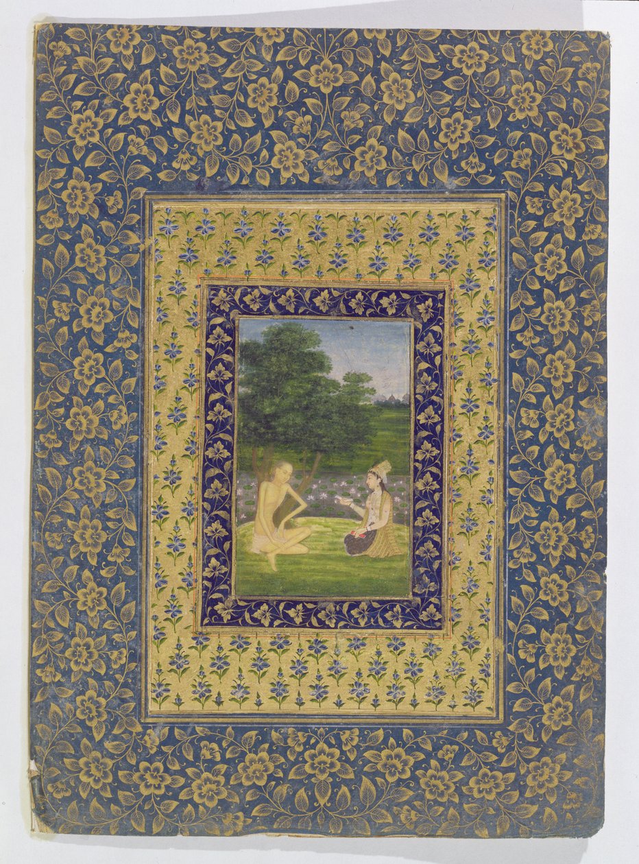 Layla che Legge a Majnun, che siede sotto un albero vicino a uno stagno di loto, Delhi, c.1720-40 da Dal Chand