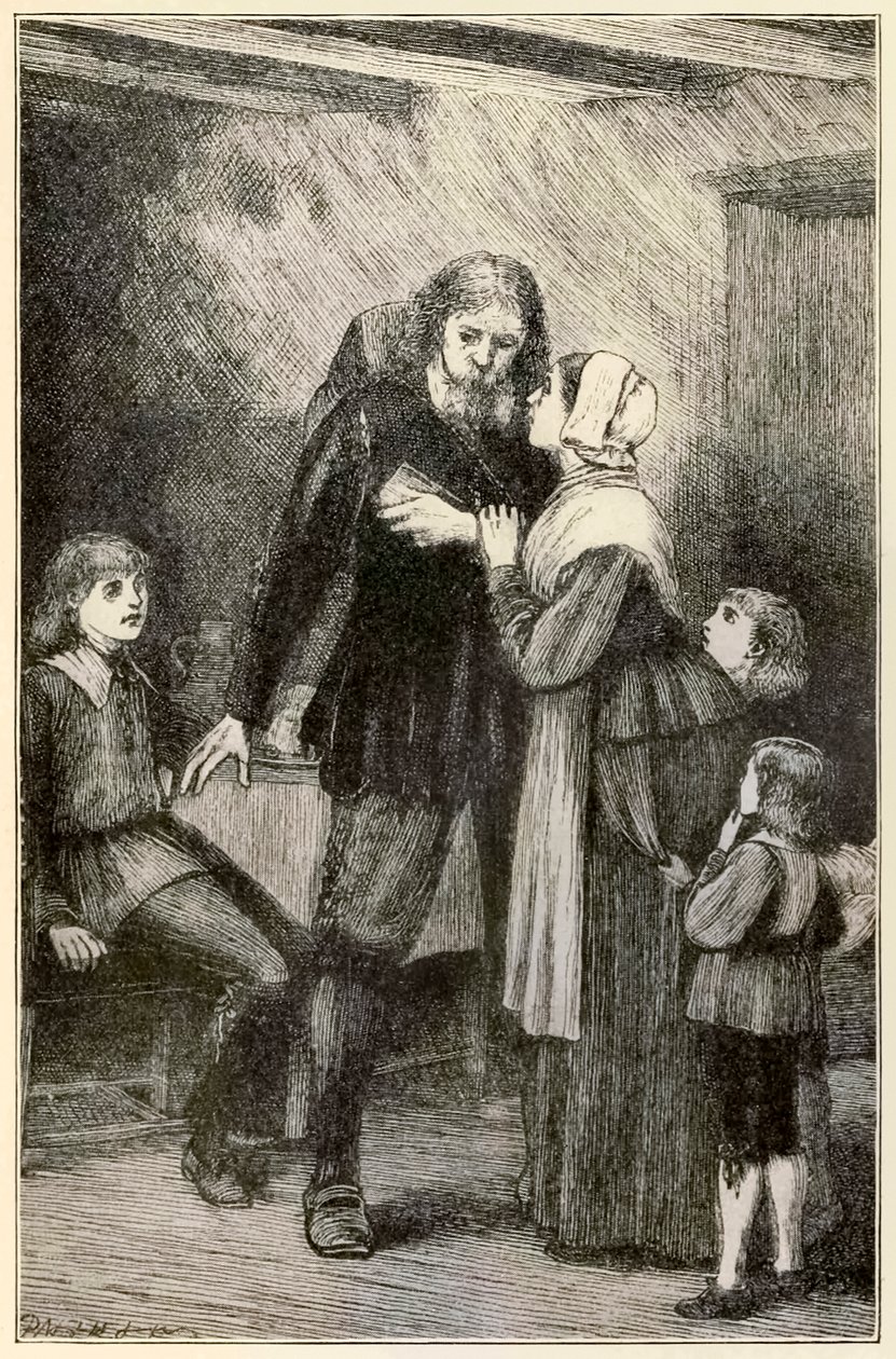 Christian confida nella moglie da Il pellegrinaggio del cristiano da questo mondo a quello che verrà di John Bunyan (1628-1688) illustrazione di Thomas Dalziel (1823-1906) da Dalziel Brothers