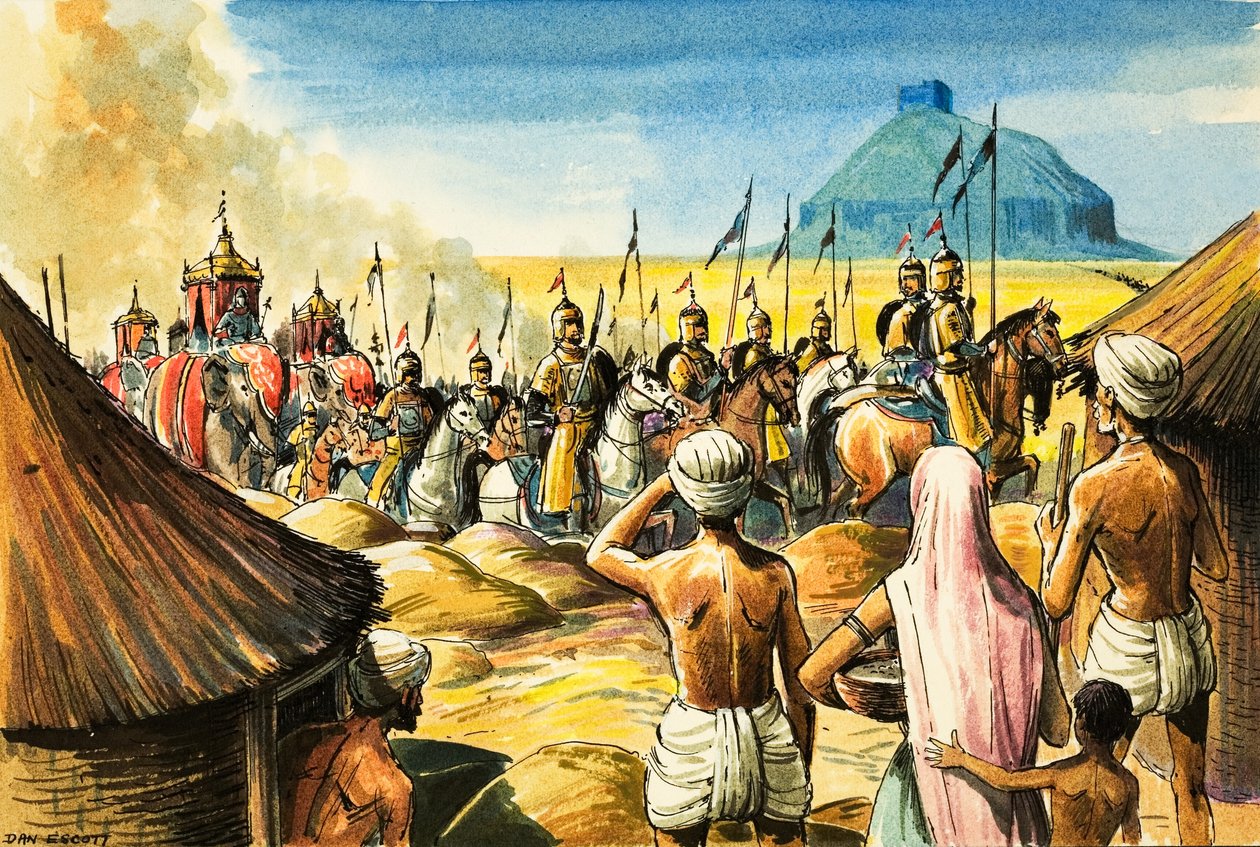 Indigeni indiani osservano un corteo di elefanti e soldati che si avvicina a un forte (gouache su carta) da Dan Escott