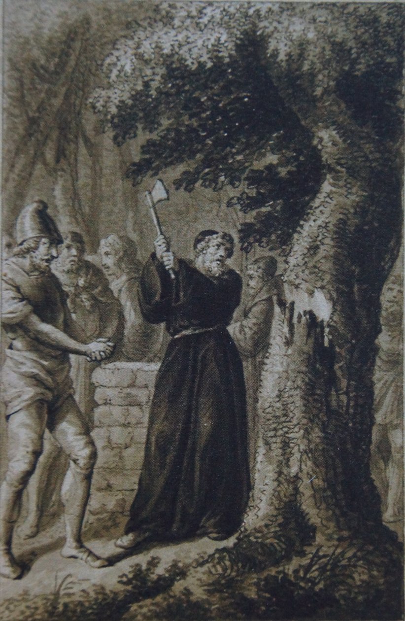 Bonifacio abbatte la quercia di Donar, foglio X da una serie sconosciuta da Daniel Nikolaus Chodowiecki