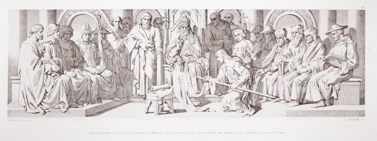 Papa Alessandro consacra uno stendardo per il servizio di Guglielmo nella sua discesa in Inghilterra e concede un anello contenente un capello di San Pietro, da 