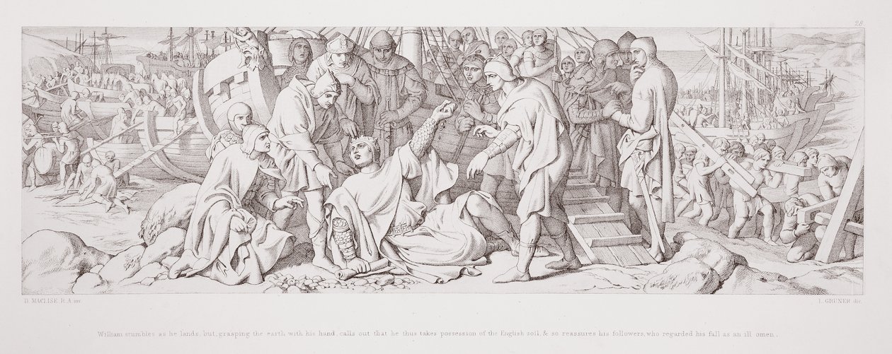 Guglielmo inciampa mentre sbarca, ma, afferrando la terra con la mano, dichiara di prendere possesso del suolo inglese, rassicurando così i suoi seguaci, che consideravano la sua caduta un cattivo presagio da Daniel Maclise