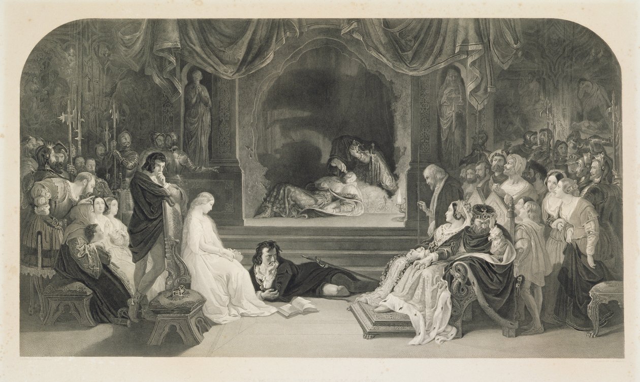 La scena del gioco, Atto III, Scena II di Amleto di William Shakespeare, inciso da Charles W. Sharpe da Daniel (after) Maclise