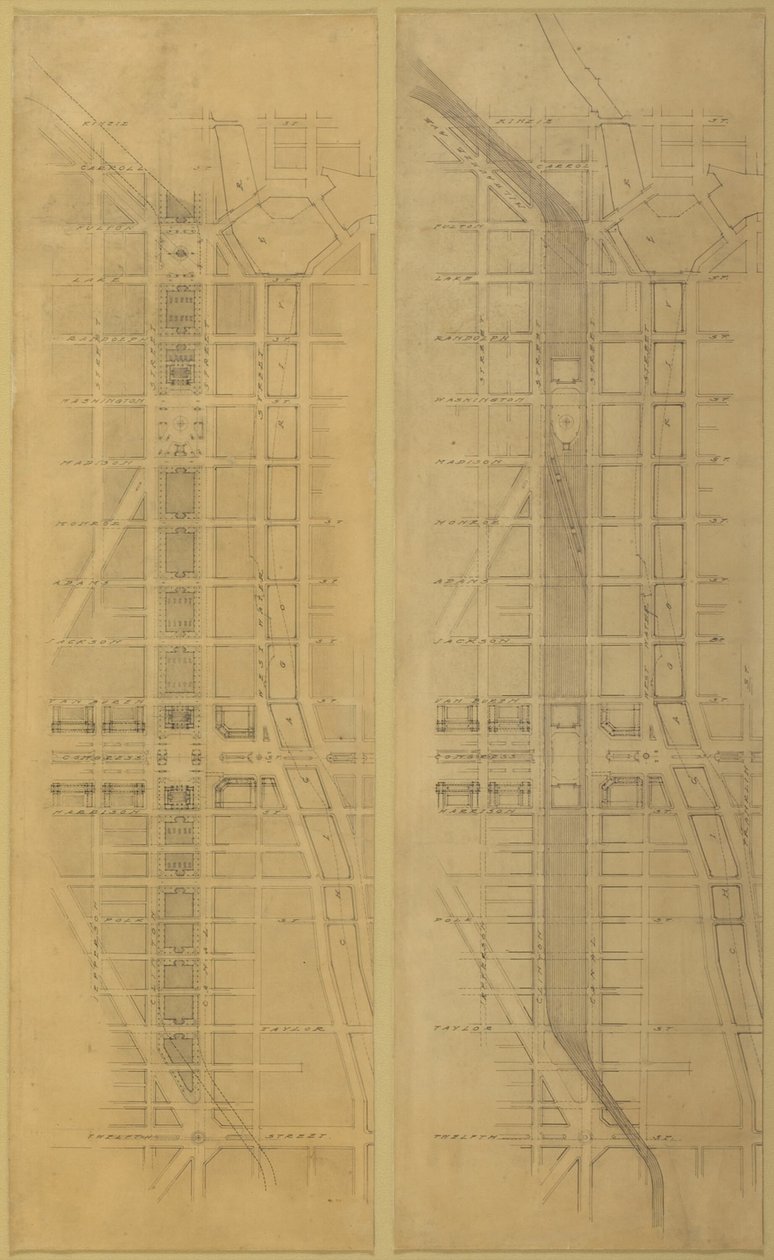 Tavola 79 2 Disegni dal Piano di Chicago: Posizione e disposizione suggerite da Daniel Burnham