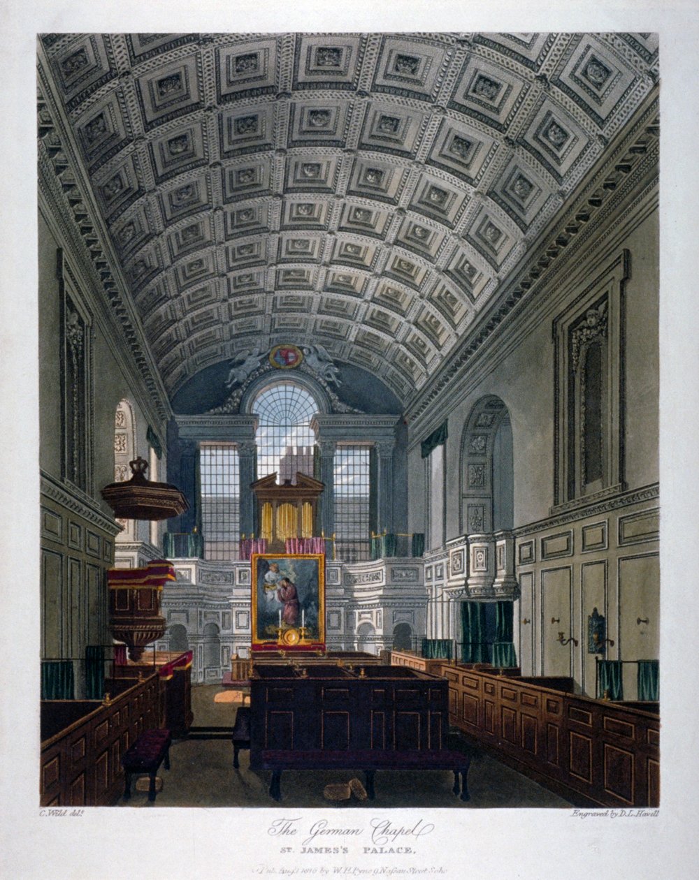 Vista interna della Cappella Reale nel Palazzo di St James, Westminster, Londra, 1816 da Daniel Havell