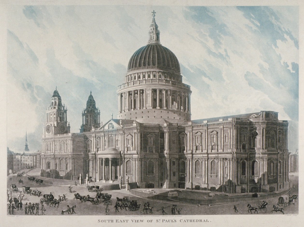 Vista sud-est della Cattedrale di San Paolo con figure e carrozze fuori, Città di Londra, 1818 da Daniel Havell