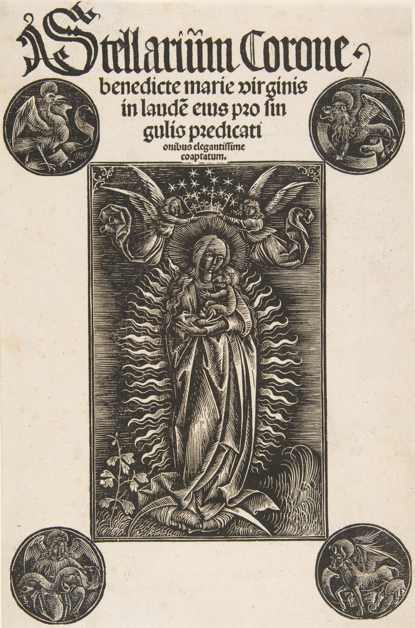 Vergine su una mezzaluna, frontespizio da Pelbartus de Temesvar: Stellarium corone Schr. 2869..., 1502 da Daniel Hopfer.