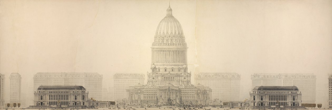 Piastra 131 da La pianta di Chicago, 1909: Chicago. Elevazione che mostra il gruppo di edifici che costituiscono il Civic Center proposto. da Daniel Hudson Burnham