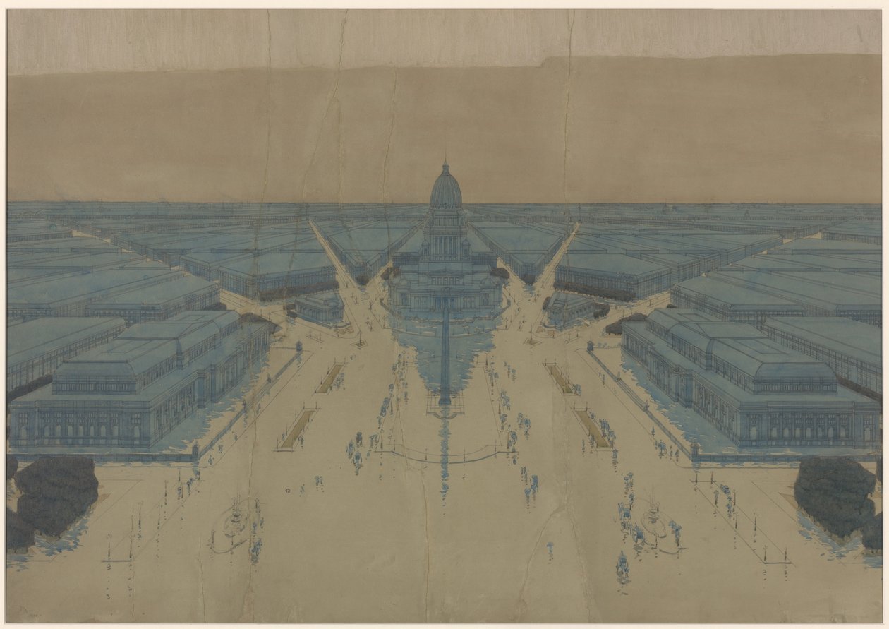 Vista della proposta di piazza e degli edifici del Civic Center, pianta di Chicago del 1909 da Daniel Hudson Burnham