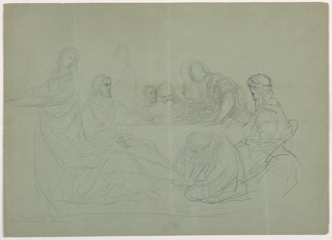 Disegno, Maria che lava i piedi a Cristo, diversi uomini seduti a un tavolo; verso: note, 1852 da Daniel Huntington