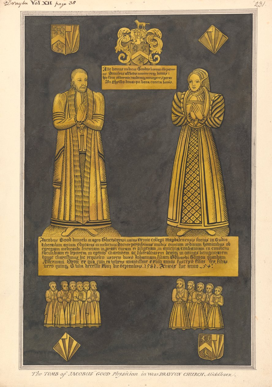 Targa di ottone per il Dr. James Goode e sua moglie Joan, figlia di Edward Clinton, chiesa di West Drayton da Daniel Lysons