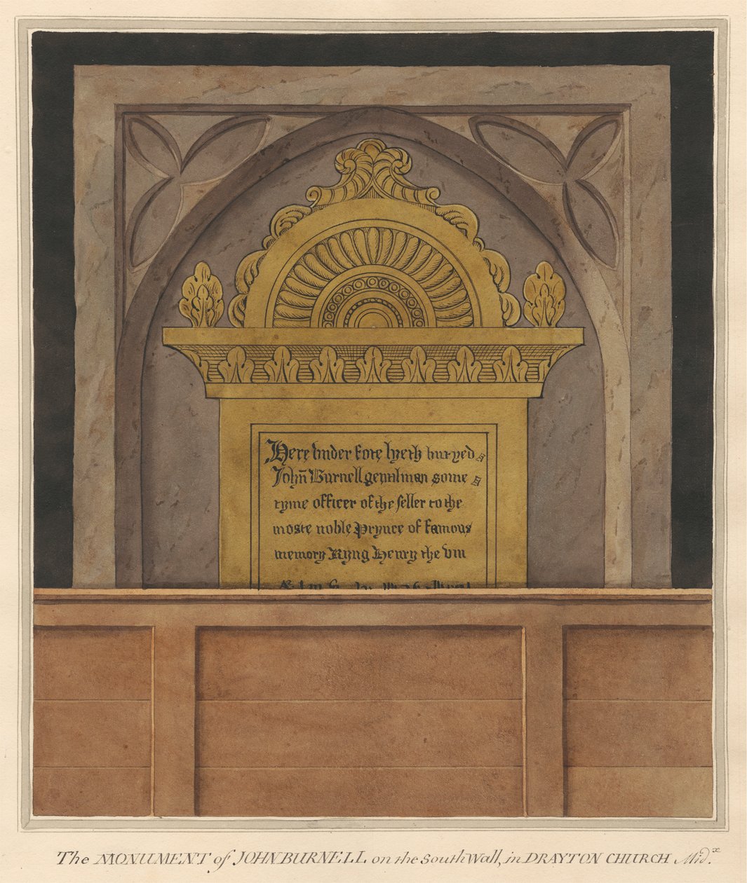 Piastra di ottone per John Burnell dalla Chiesa di Drayton da Daniel Lysons