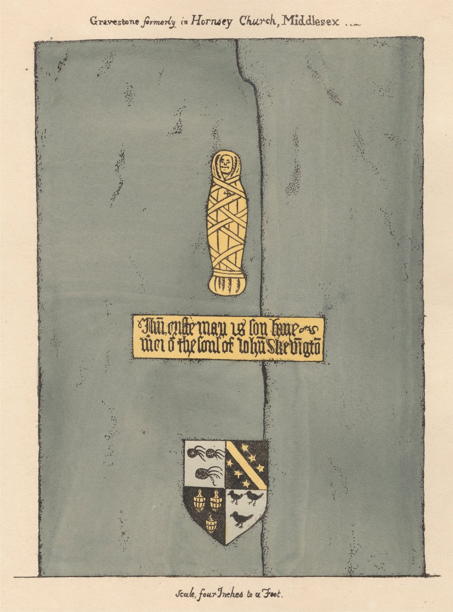 Piastra di ottone per John Skevington dalla chiesa di Hornsey da Daniel Lysons