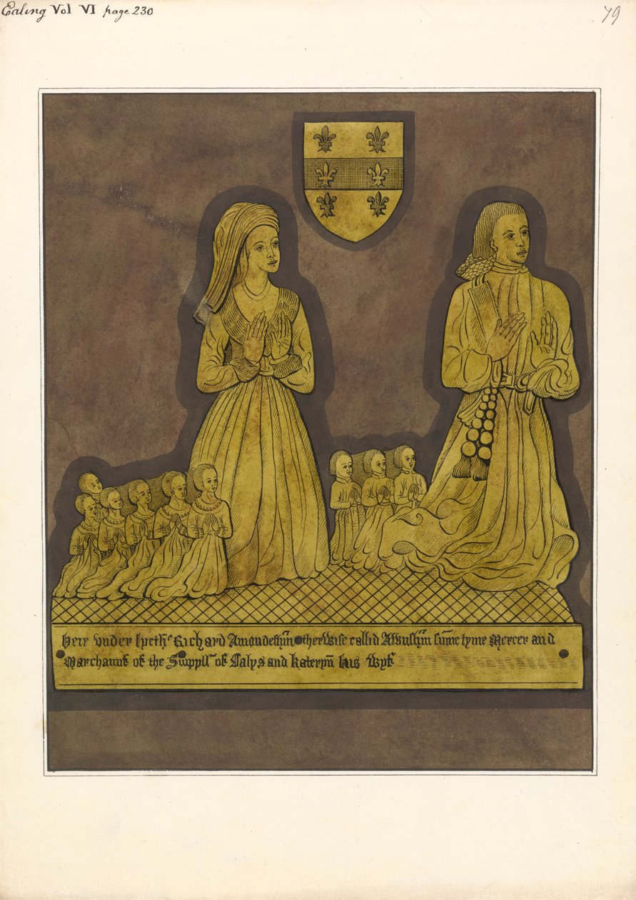 Piastra di ottone per Richard Amondesham e sua moglie Katherine, Chiesa di Ealing da Daniel Lysons