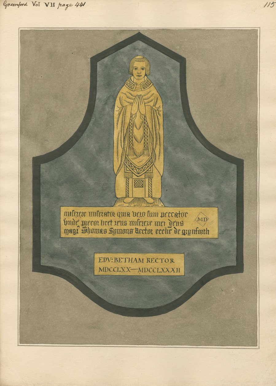 Piastra di ottone per Thomas Symons dalla chiesa di Greenford da Daniel Lysons