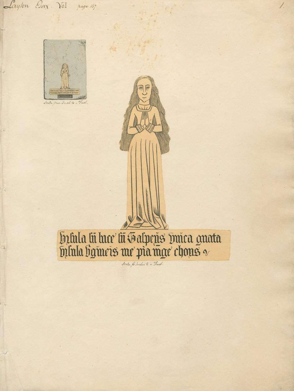 Piastra di ottone di una donna dalla chiesa di Layton da Daniel Lysons