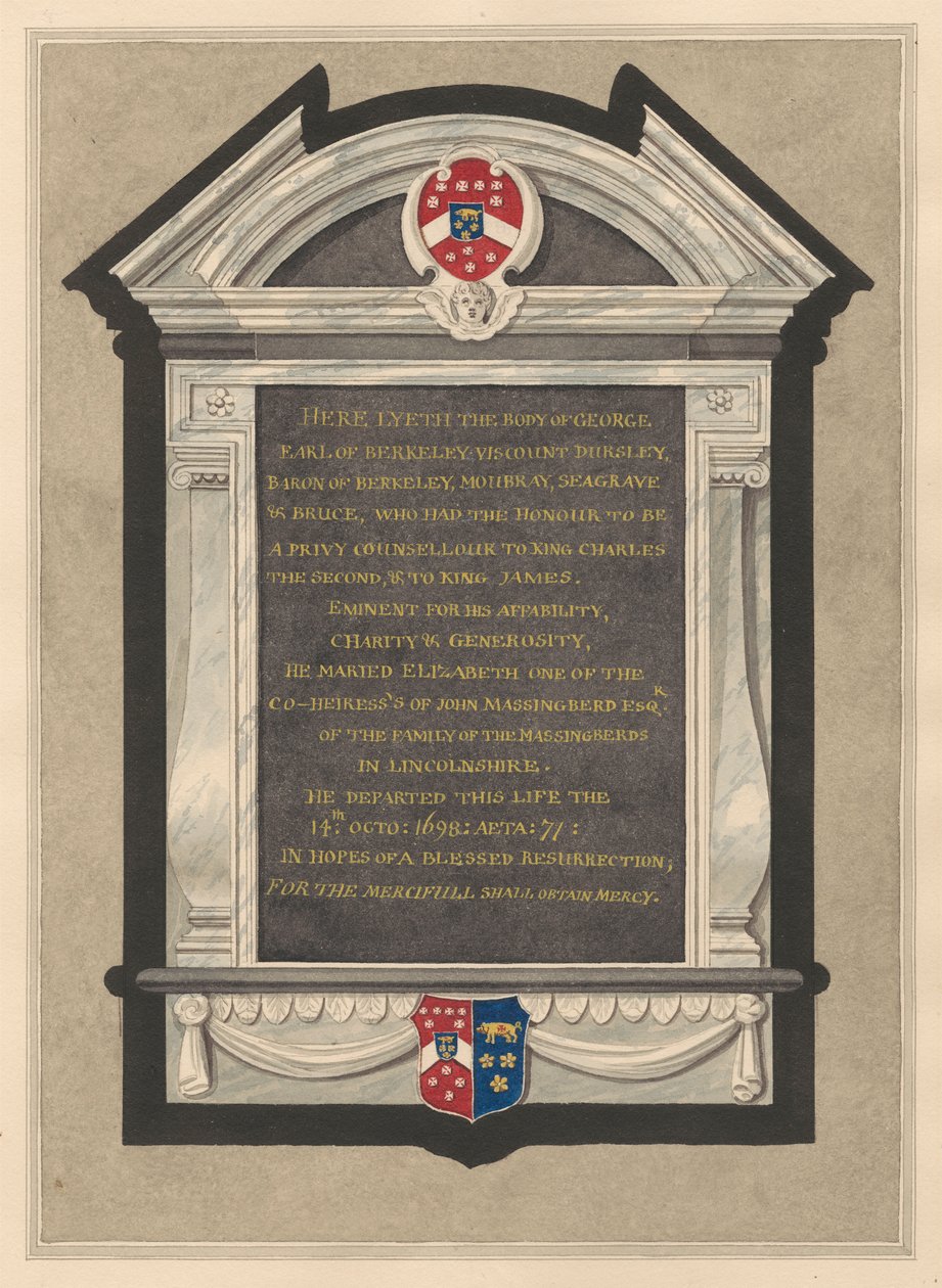 Memoriale di George, Conte di Berkeley dalla Chiesa di Cranford da Daniel Lysons