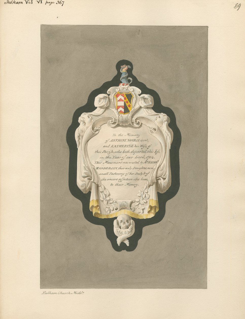 Memoriale ad Anthony e Katherine Nourse dalla Chiesa di Fulham da Daniel Lysons