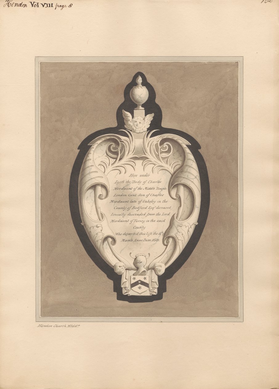 Memoriale a Charles Mordaunt dalla chiesa di Hendon da Daniel Lysons