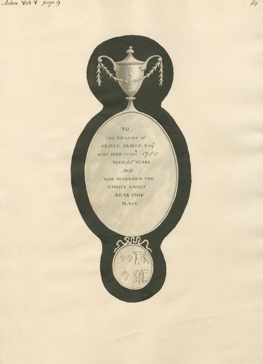 Memoriale a Crayle Cayle dalla chiesa di Acton da Daniel Lysons