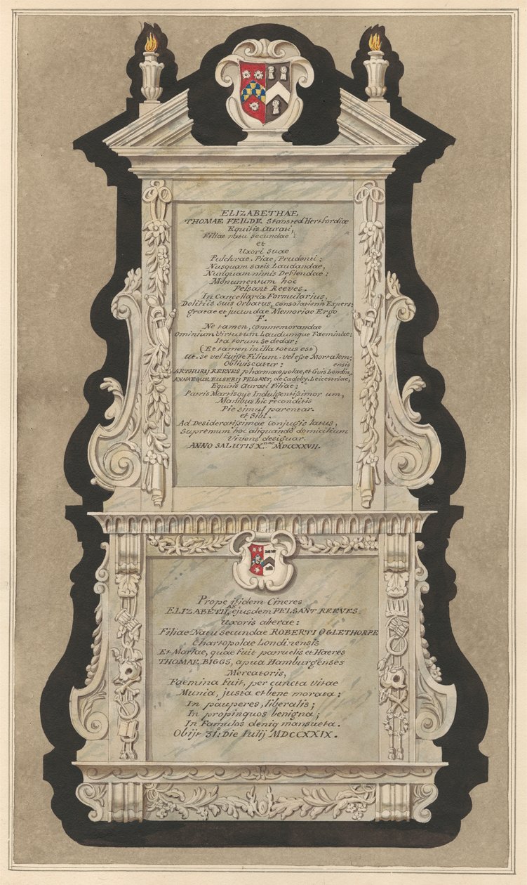 Memoriale a Elizabeth Field e Elizabeth Reeves dalla Chiesa di Cranford da Daniel Lysons