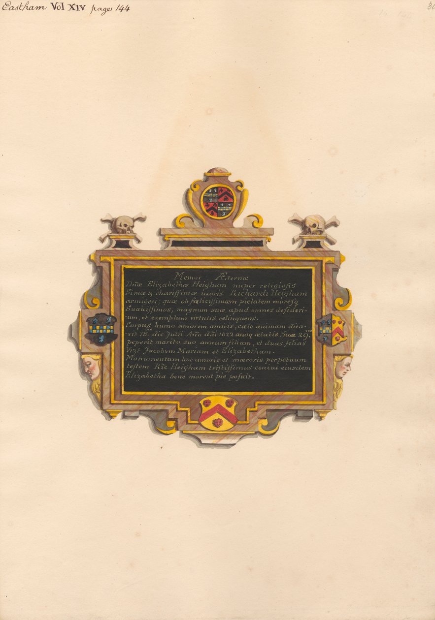 Memoriale a Elizabeth Heigham dalla Chiesa di East Ham da Daniel Lysons