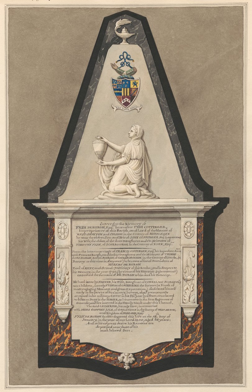 Memoriale a Fysh Deburgh dalla Chiesa di Drayton da Daniel Lysons