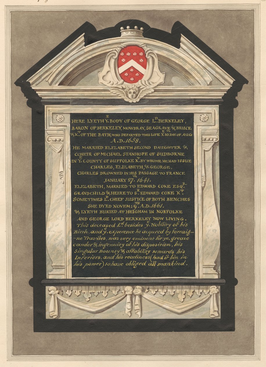 Memoriale a George Lord Berkeley dalla Chiesa di Cranford da Daniel Lysons