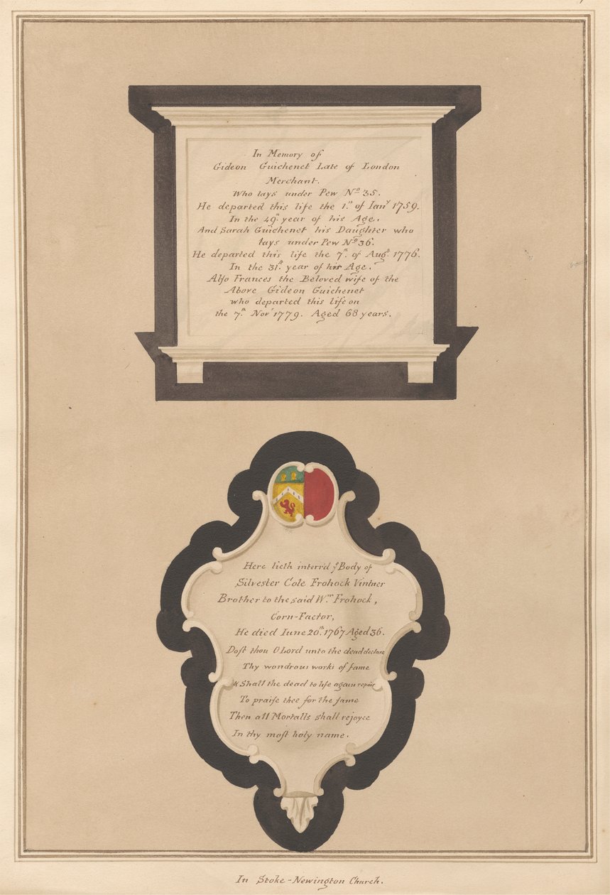 Memoriale a Gideon e Frances Guichenet e alla loro figlia Sarah anche a Silvester Cote da Daniel Lysons
