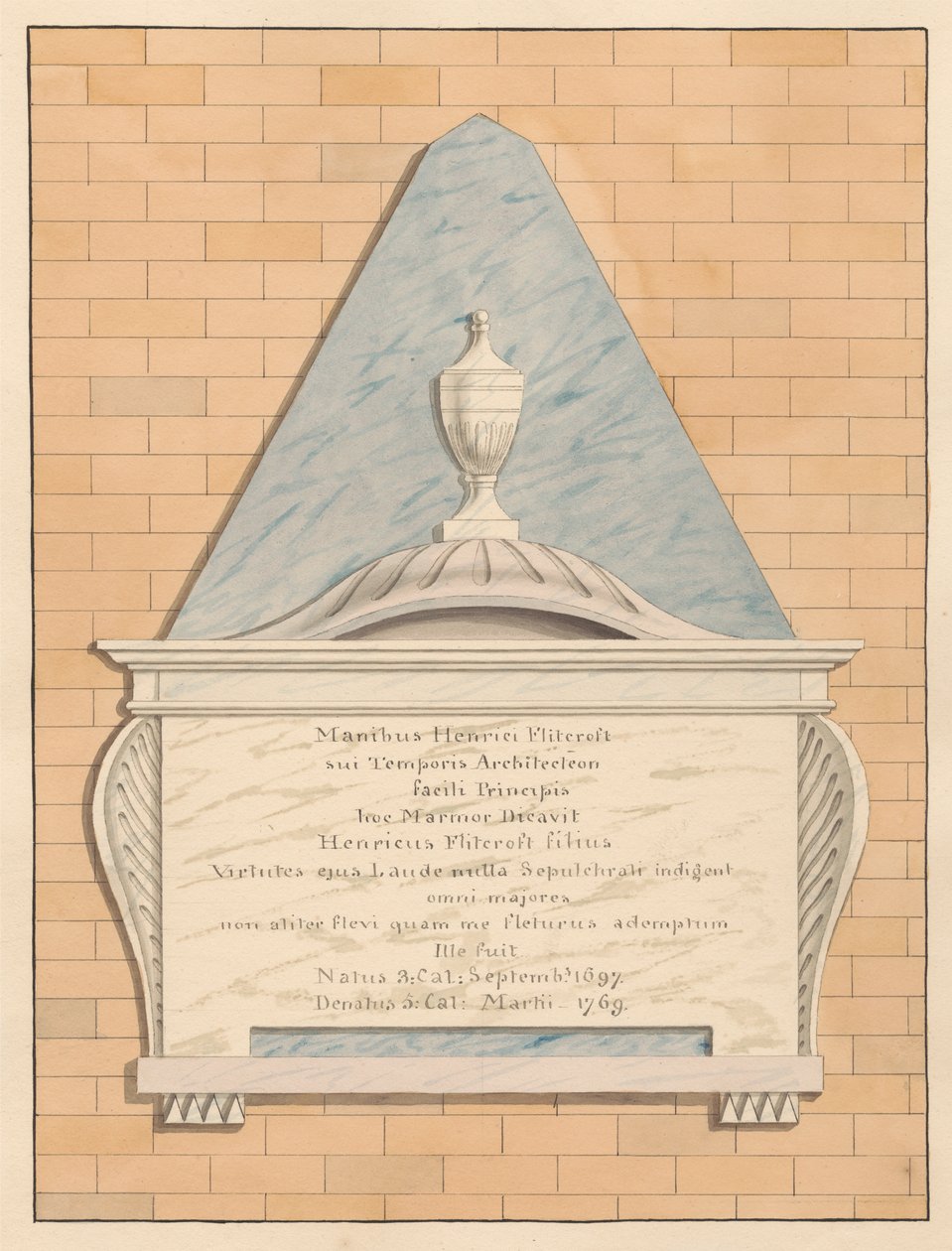 Memoriale a Henry Flitcroft dalla Chiesa di Teddington da Daniel Lysons