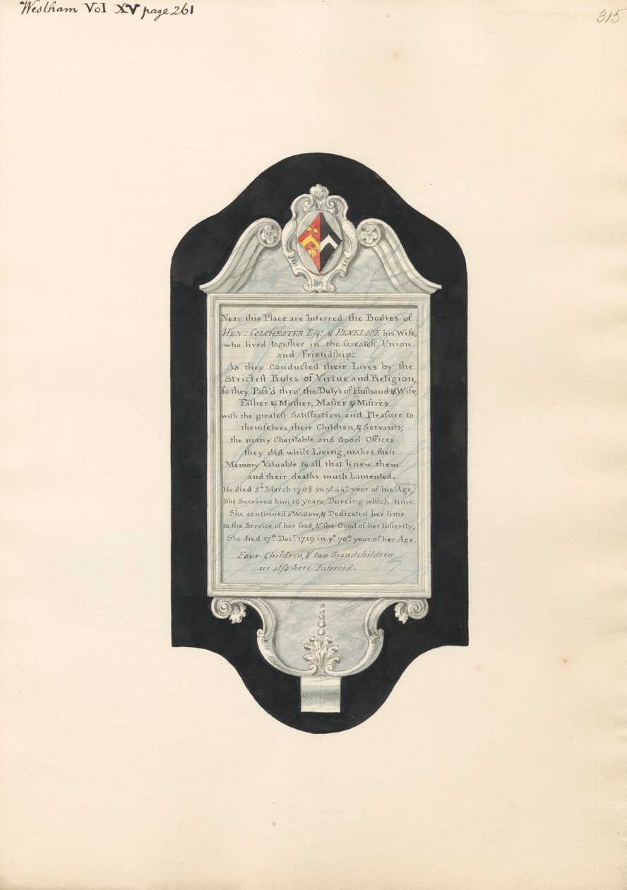 Memoriale a Henry e Penelope Colchester, e quattro figli e due nipoti, dalla chiesa di West Ham da Daniel Lysons