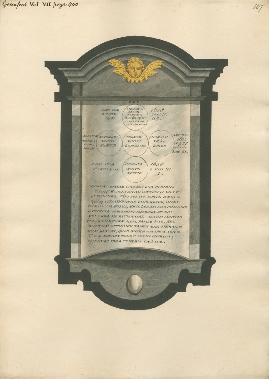 Memoriale per Honoria Cason, Nathaniel, Thomas, Hannah e Honoria White dalla Chiesa di Greenford da Daniel Lysons