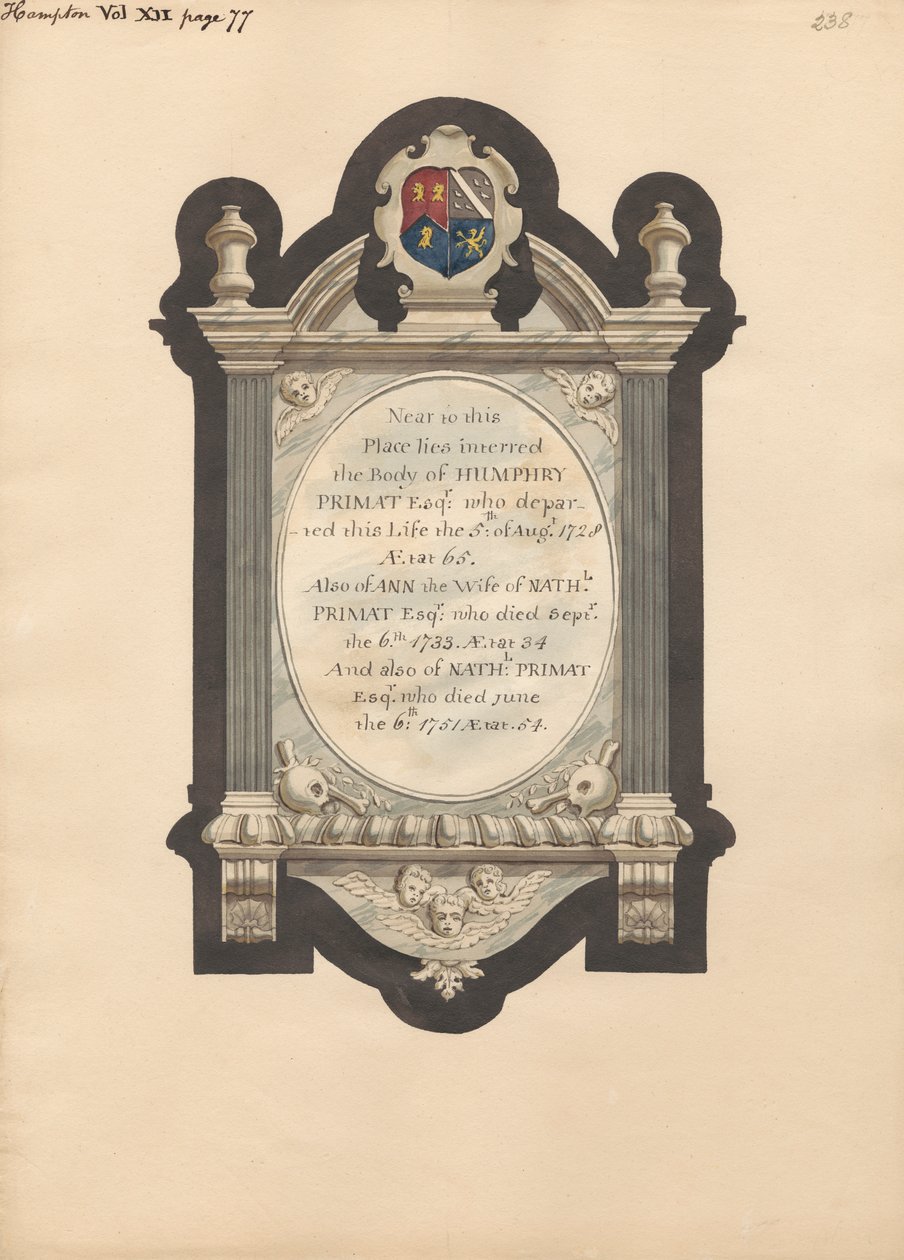 Memoriale a Humphry Primat, Nathaniel e Ann Primat dalla Chiesa di Hampton da Daniel Lysons