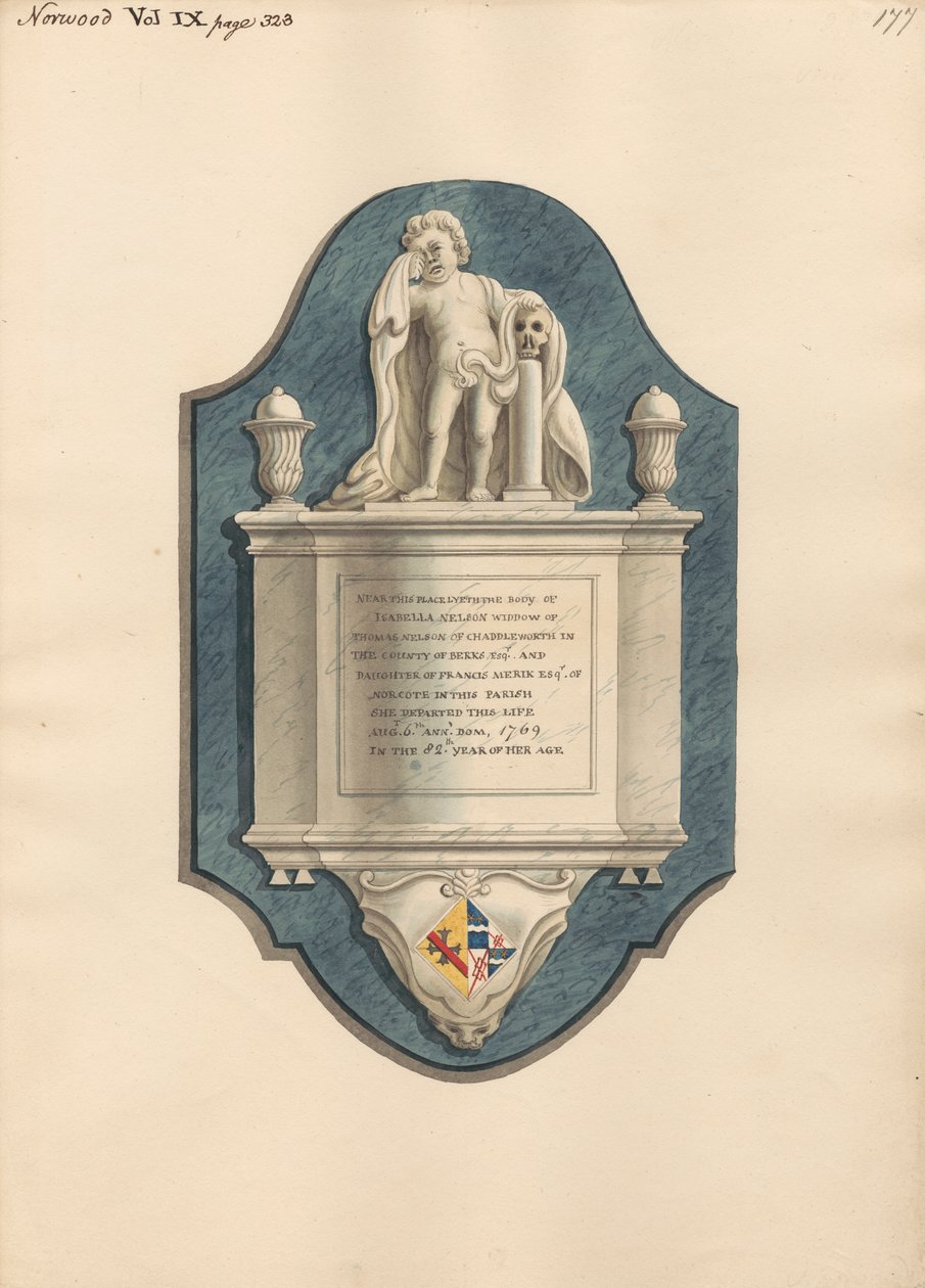 Memoriale a Isabella Nelson dalla Chiesa di Norwood da Daniel Lysons