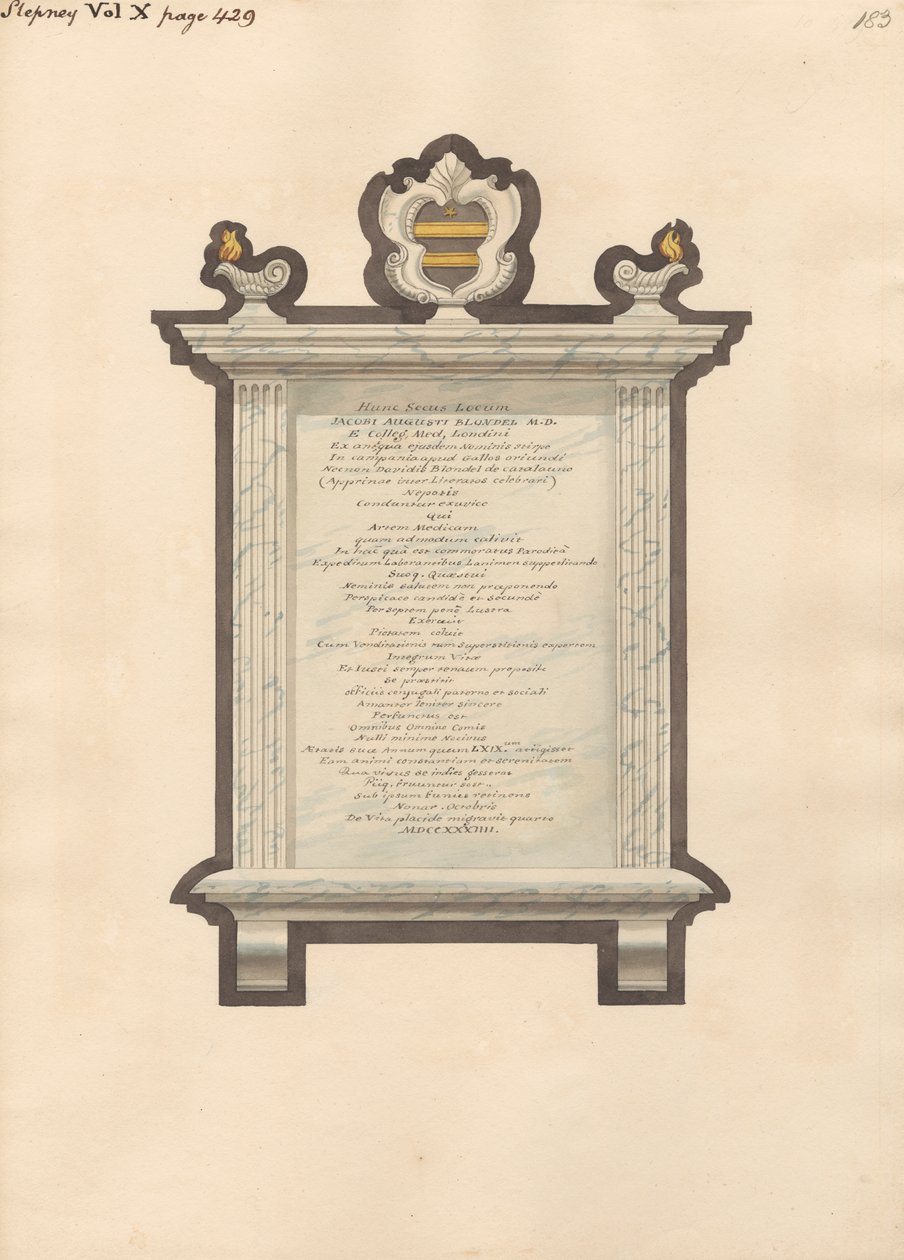 Memoriale a Jacob Augustus Blondel dalla Chiesa di Stepney da Daniel Lysons