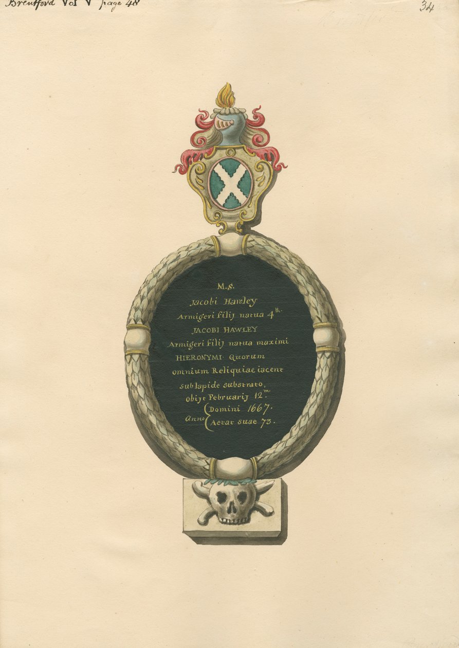 Memoriale a Jacob Hawley dalla chiesa di Brentforth da Daniel Lysons