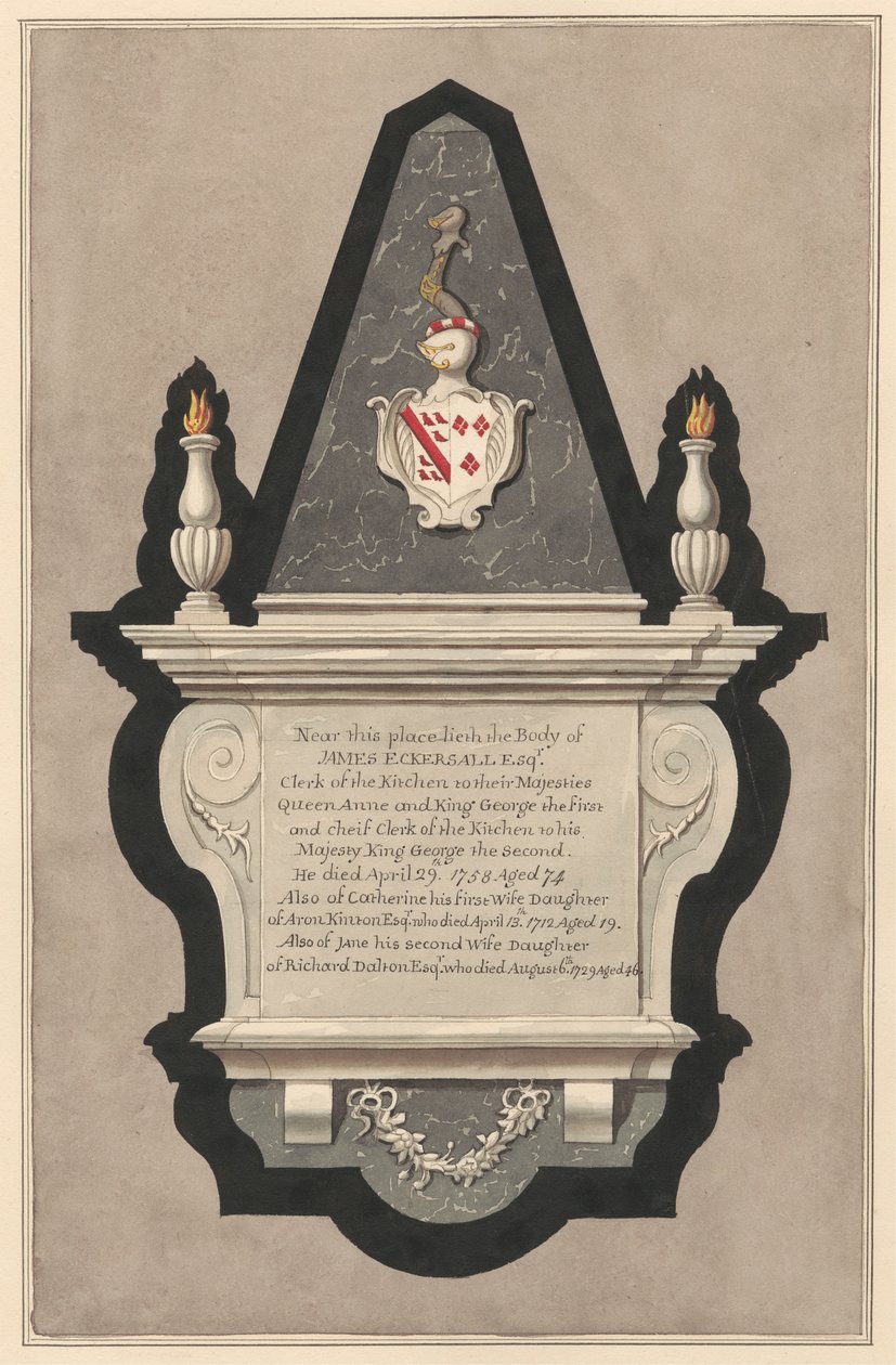 Memoriale a James Eckersall e sua moglie Catherine e la sua seconda moglie Jane dalla Chiesa di Drayton da Daniel Lysons
