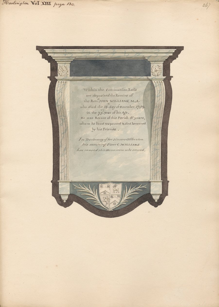 Memoriale a John William dalla chiesa di Harlington da Daniel Lysons