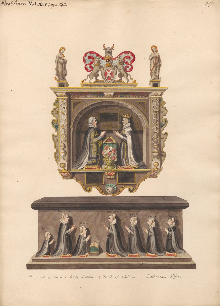 Memoriale a Lord e Lady Latimer e tomba dei figli Ralph, Katherin, Ralph, Dorothye, Jane, Margaret e Anne dalla chiesa di East Ham da Daniel Lysons