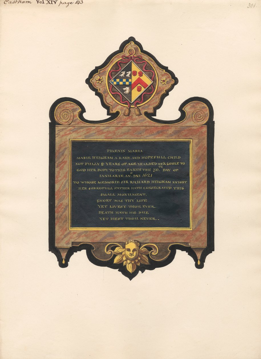 Memoriale a Mary Heigham dalla Chiesa di East Ham da Daniel Lysons