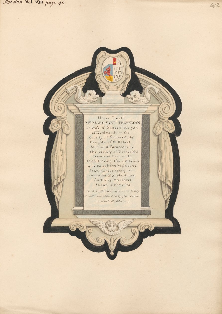 Memoriale a Mrs. Trevelyan dalla chiesa di Heston da Daniel Lysons