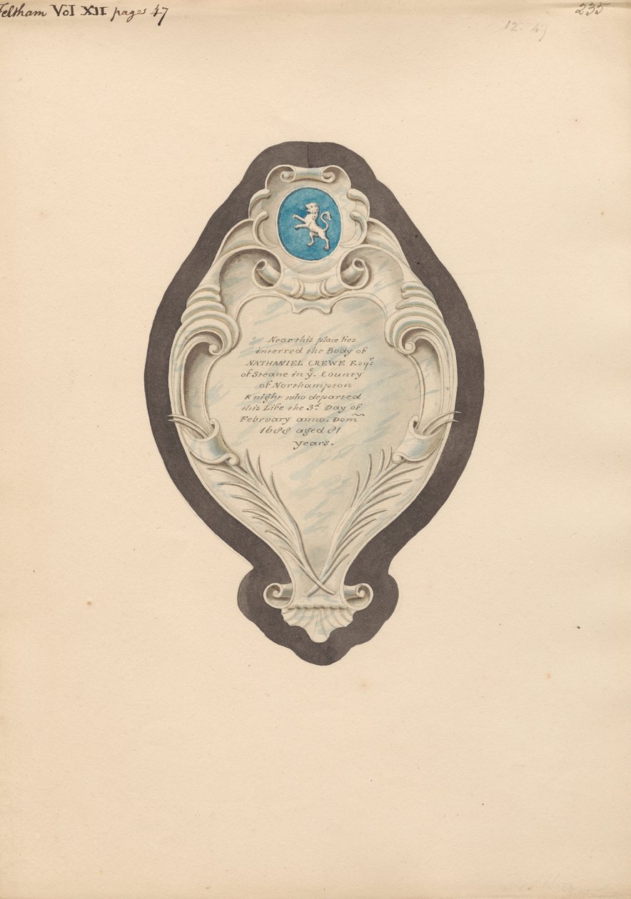 Memoriale a Nathaniel Crewe dalla Chiesa di Feltham da Daniel Lysons