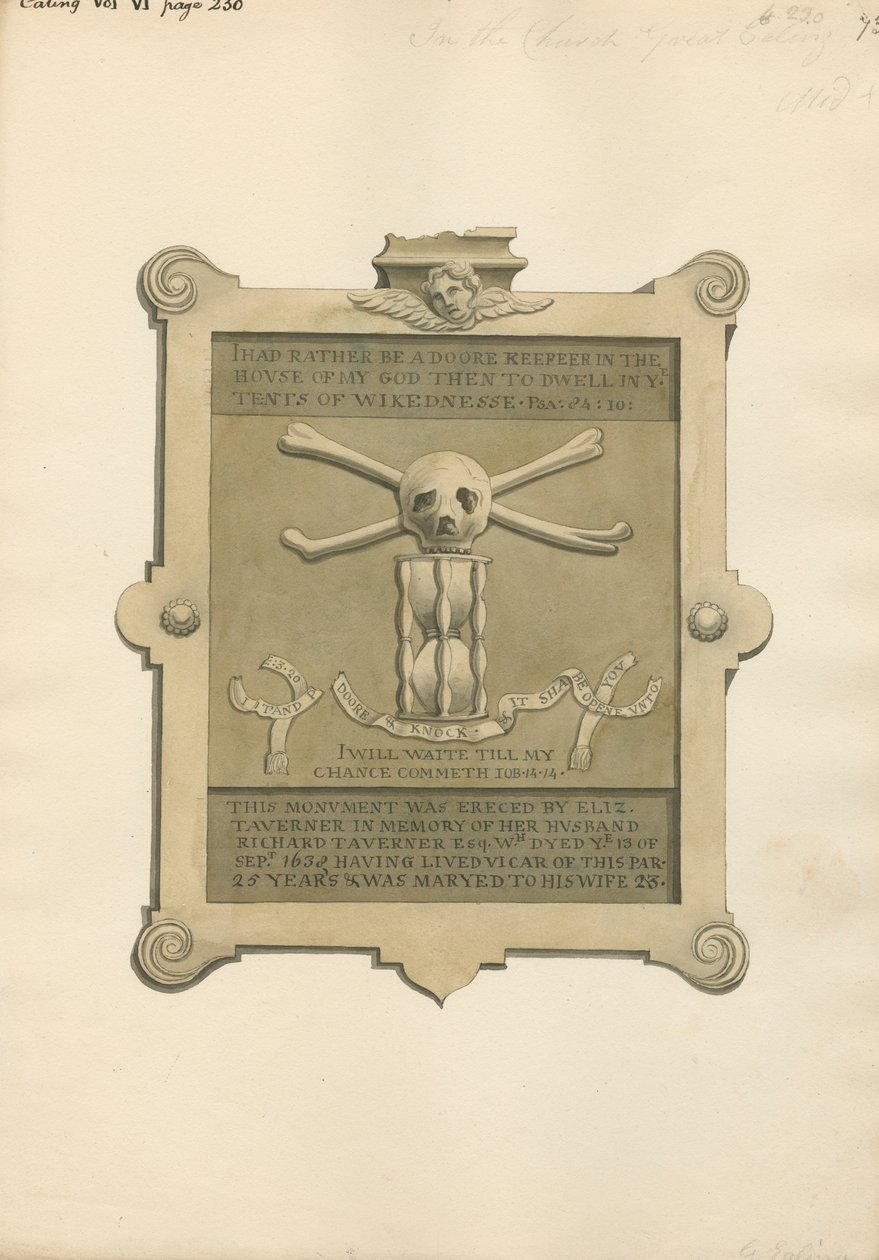 Memoriale a Richard Taverner dalla Chiesa di Ealing da Daniel Lysons