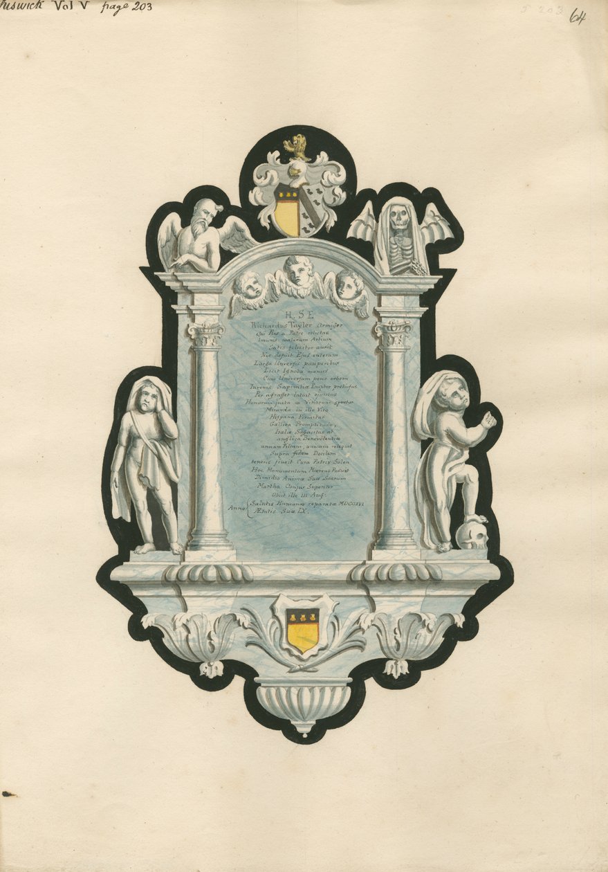 Memoriale a Richard Taylor dalla Chiesa di Chiswick da Daniel Lysons